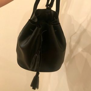 Neiman Marcus Black Leather Bookbag with Tassels